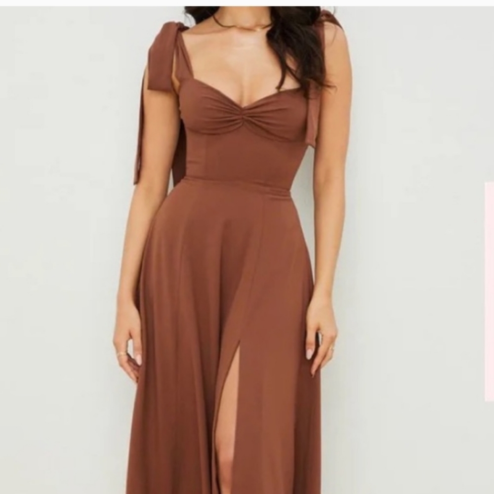 Tie-Shoulder Midi Dress in Brown - Picture 3 of 8